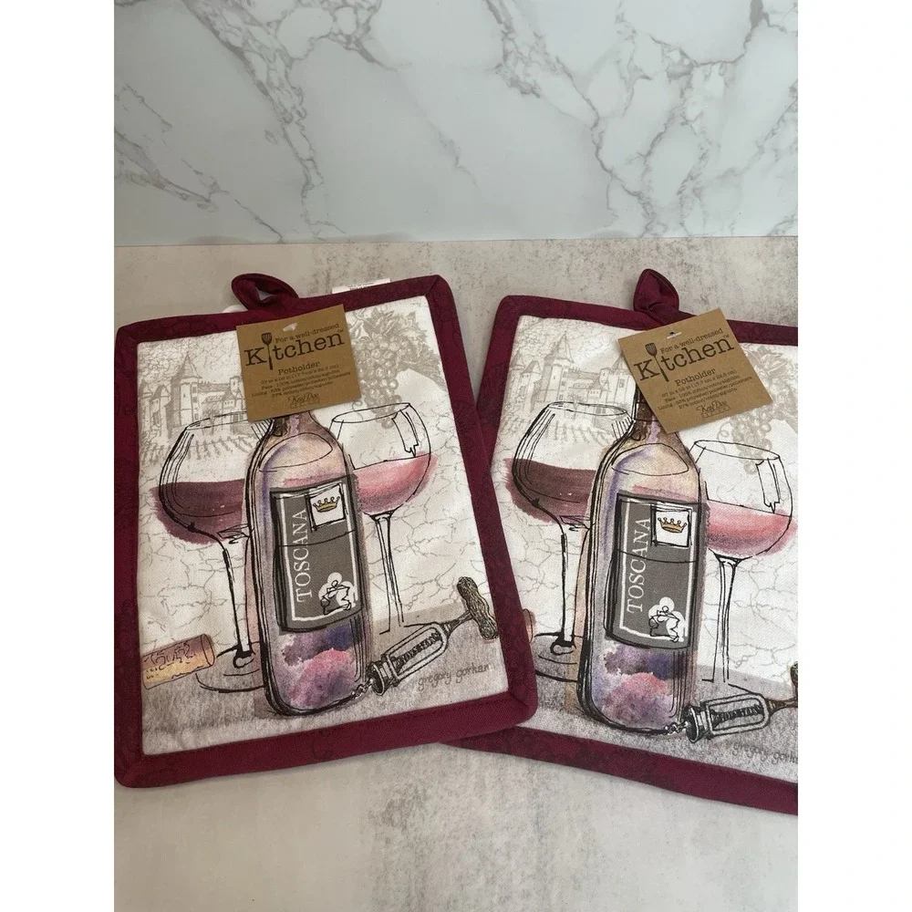 Set of 2 Kay Dee Designs Potholders Wine Bottle & Wine Glasses - New